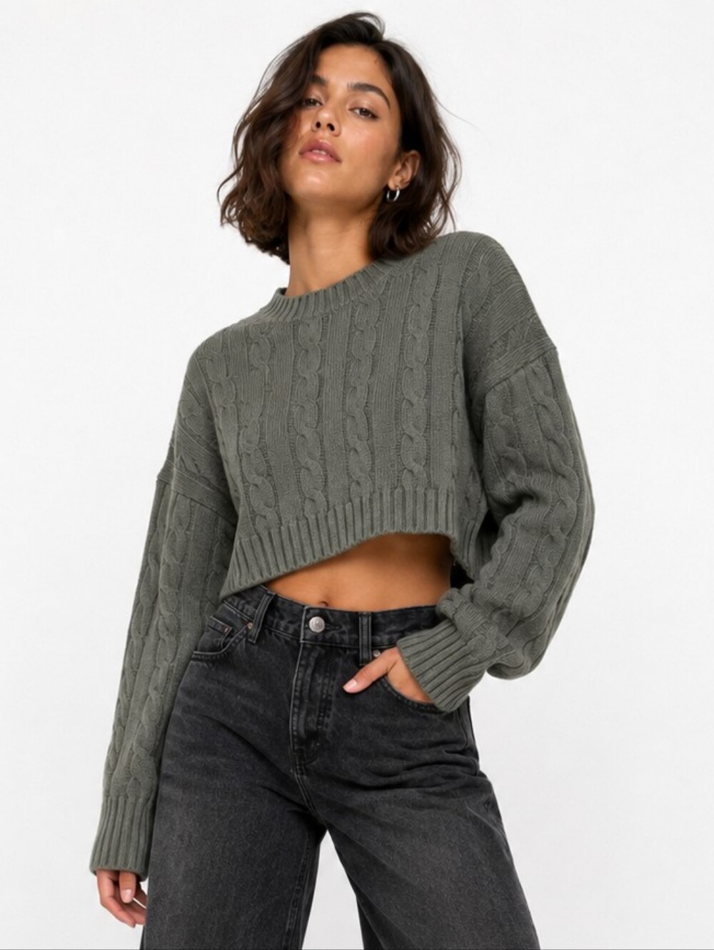 Aritzia Sunday Best Peggy Cropped Cable Knit Sweater S Sagesse NWT